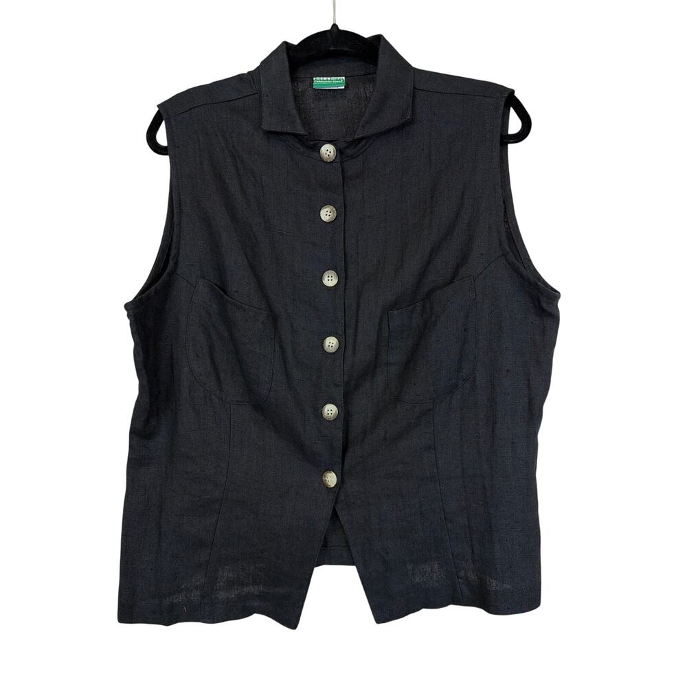 Vintage Made USA Coldwater Creek Black Collared Button Up Linen Vest Size Large